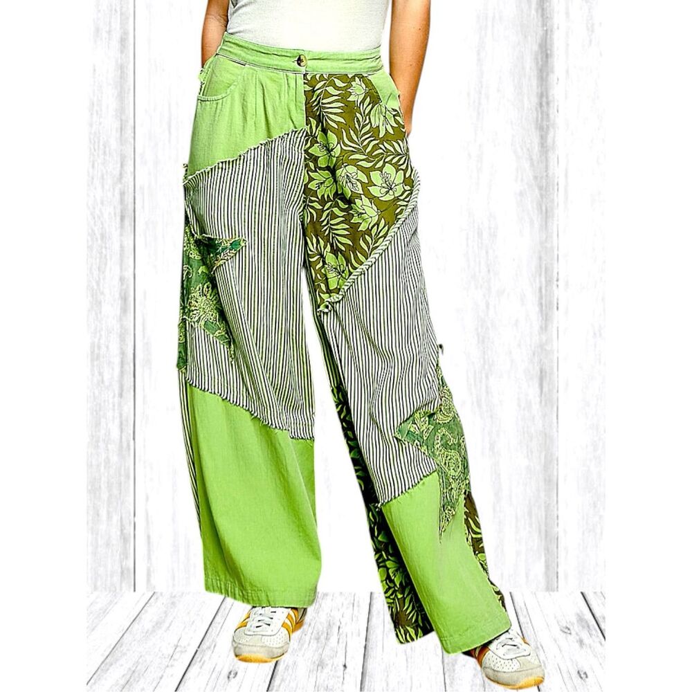 POL Striped Floral Patchwork Wide Leg Pants Green Boho Star Patch Palazzo NEW - Picture 2 of 12